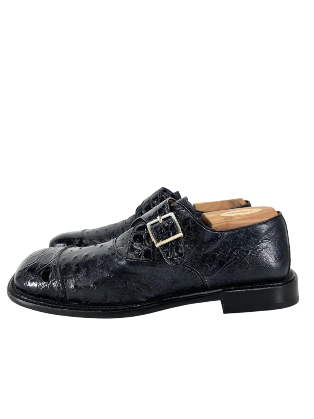 Mezlan Platinum Genuine Ostrich Monk Strap Cap Toe Dress Shoes Black 8.5 Spain